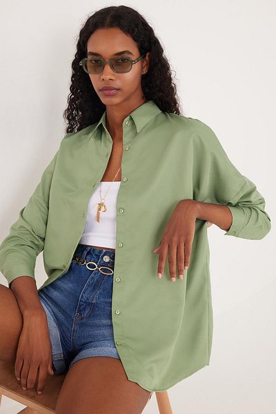 Tudors Women's Oversize Relaxed Fit Sports Collar Long Sleeve Basic Plain Mint Shirt