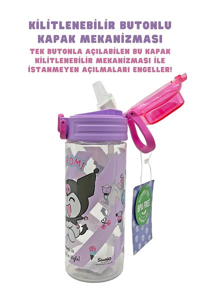 WİGGLE 500ml Kuromi Licensed Soft Silicone Lockable Water Bottle with Straw and Handle
