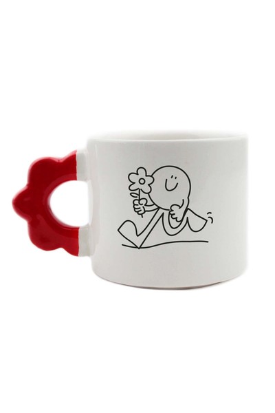 PALTO TASARIM Smile Holding Flowers Handmade Cream Shiny Flower Handle Mug - Handcrafted Gift Mug Cup Mug