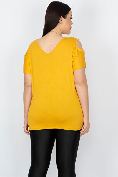 Şans Γυναικεία μπλούζα μεγάλου μεγέθους σαφράν ώμου χαμηλού κοπής βισκόζης 65n22698