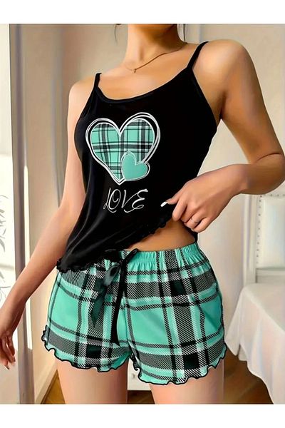 HUBANN Green Heart Love Printed Strap Shorts Pajama Set