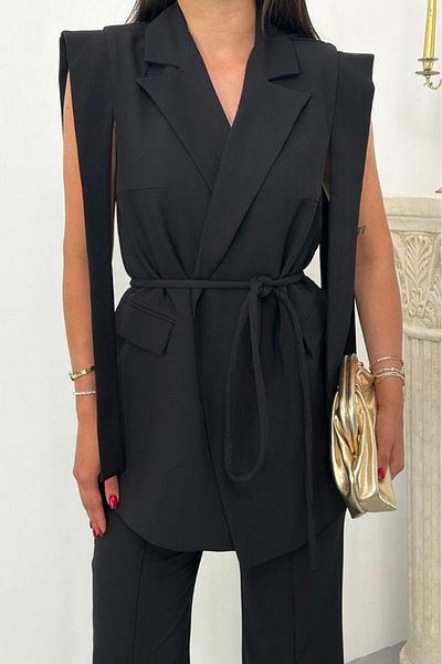 GALAVİP Women's Top and Bottom Double Suit Shoulder Detailed Belted Vest Pants Suit