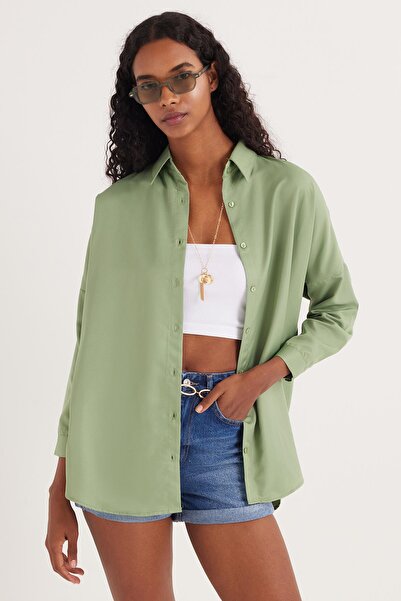 Tudors Γυναικείο πουκάμισο Oversize Casual Cut Sport πέτο με μακρύ μανίκι Basic Solid Mint