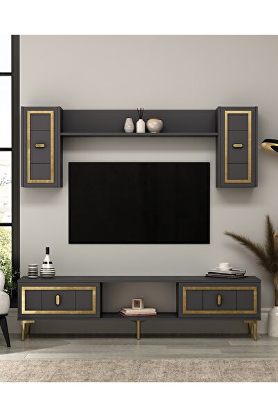DEMONTE DECOR ORİONDD TV ÜNİTESİ TAKIMI ANTRASİT-ALTIN