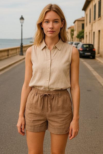 Duss Comfortable Cut Women's Linen Shorts with Elastic Waist and Button Detail