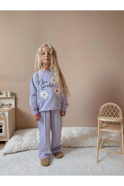 YİGİT BUTİK Floral Applique Pattern Long Sleeve Girls Bottom Top Set