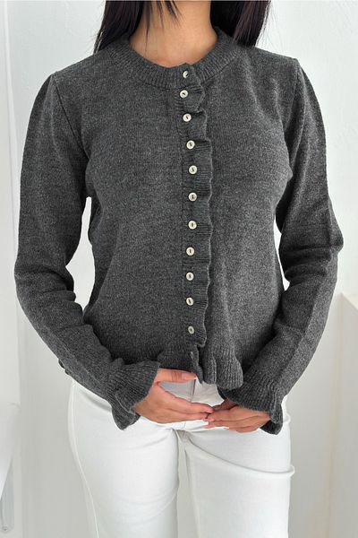 FEMELLE Antracit Buton Volanat Detaliu Textura moale Mărime standard Tricoturi Cardigan Tricot cu mânecă lungă Tricoturi Cardigan