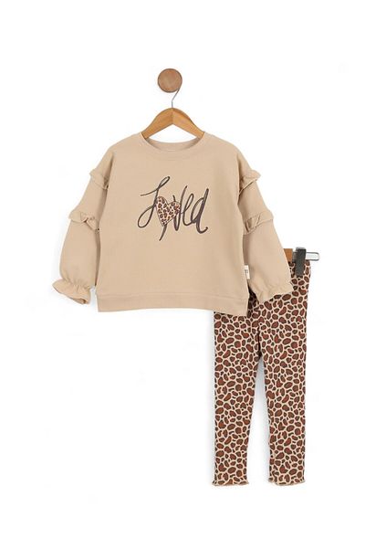 Ege Bebek Stylish Girl's Set with Leopard Patterned Ribbed Leggings and Sweatshirt with Ruffle Detail on the Shoulders