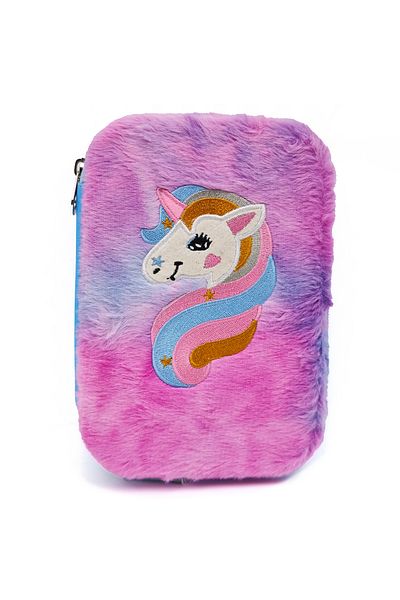DNS Girls' school pencil case, with 1 compartment and 1 zipper, unlined, with fur, Unicorn, purple 6552S