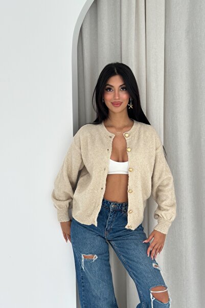 FEMELLE Beige Gold Button Detailed Knitwear Cardigan Standard Size Soft Texture