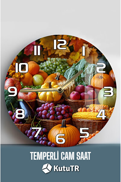 kutuTR Renkli Hasat Temalı 3D Görünümlü Temperli Cam Saat – 33 cm CSDW353