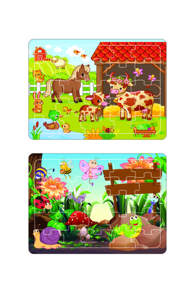 Leelii Tasarım Cute Animals, Dinosaurs, Planets, Farm 25 Piece Wooden Puzzle Jigsaw Puzzle Set of 4