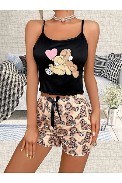 HUBANN طقم بيجامة مع شورت بحمالات مطبوعة على شكل دمية دب مزدوجة