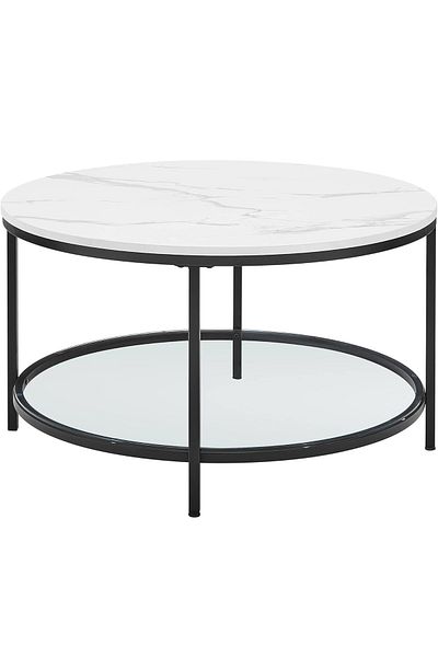 VASAGLE Round coffee table with imitation marble top, 80x45cm, white and black