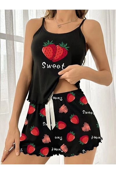 HUBANN Strawberry Printed Suspender Shorts Pajama Set
