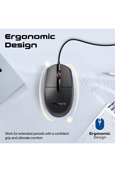 Promate ergonomic wired optical mouse 1200dpi