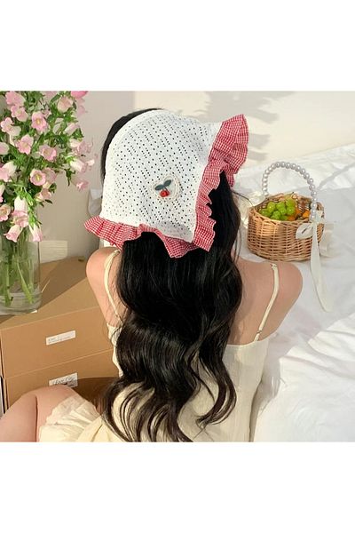 REBORN DESIGN Red Minimal Gingham Ruffle Detailed Bohemian Crown with Cherry Figure