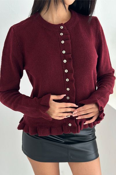 FEMELLE Cardigan tricotat cu mărime standard cu textura moale, cu volan, cu nasturi, roșu Claret - Cardigan tricotat cu mâneci lungi