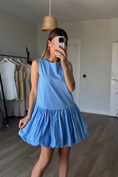 Sue Store Bebe Mavisi Sıfır Kol Balon Etek Elbise