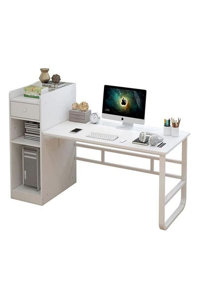 AGD Study Table with Side Shelves for Computer, Study, Writing, and Gaming - White, Dimensions 110×