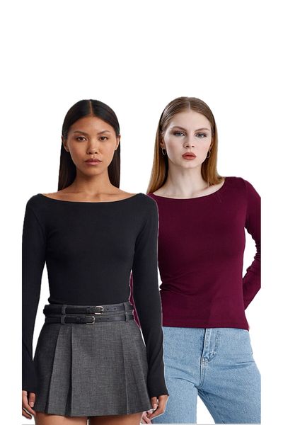 Bukamiss Boat Neck Long Sleeve 2-Piece Ball-Shirt Black