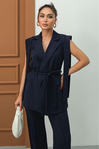 GALAVİP Women's Top and Bottom Double Suit Shoulder Detailed Belted Vest Pants Suit