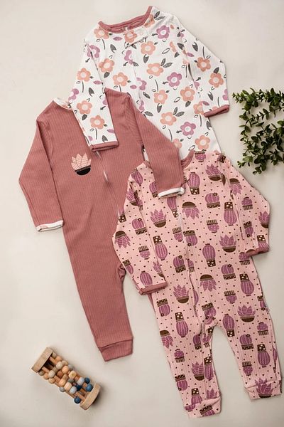 ENİA BABY Cactus Flower Zippered 3-Piece Jumpsuit Set 9-12-18 Months Sleeping Bag