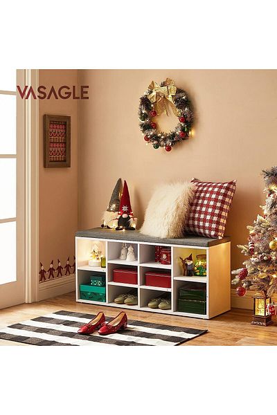 VASAGLE Hallway Bench with Shoe Rack, 10 Compartments, with Cushion, 104x48x30cm, White