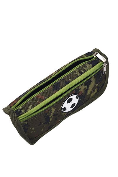 DNS Boys' school bag type pencil case, 2 compartments 2 zippers, unequipped, Soccer ball, Khaki JS-8059