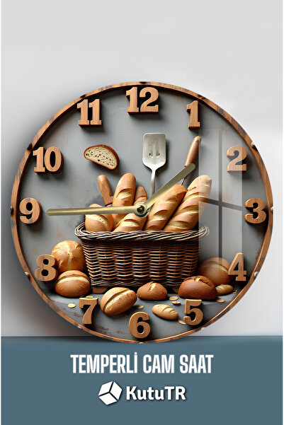 kutuTR Ekmek Temalı Temperli Cam Duvar Saati – 33x33 cm CSDW347