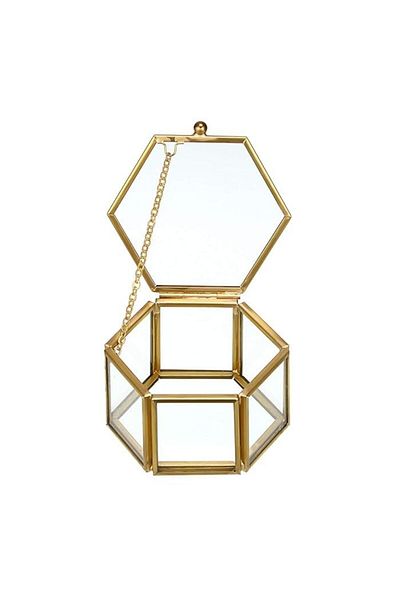 Lamsit Ibdaa Glass Trinket Box, Hexagon, Gold, Keepsake Organizer with Lid (Hexagon)