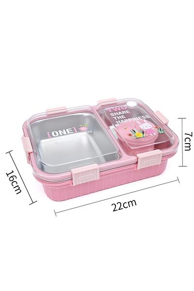 DNS Stainless steel bento box for kids for snack, 2 compartments, leak-proof, 800 ml, pink HXD6759