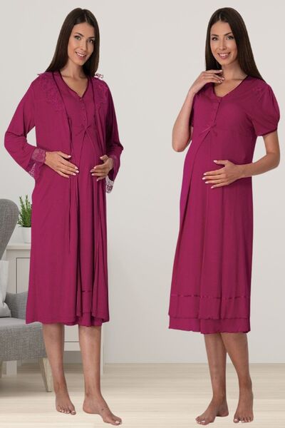 ByLohusa Effortt Vişne Tesettürlü Sabahlıklı Hamile Lohusa Gecelik Takım Byl2...