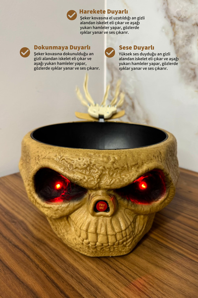 Huzur Party Store Hareketli Sesli Işıklı Kafatası Şeker Kovası Gizli İskelet Eli 25x12 Cm Halloween Cadılar Bayramı