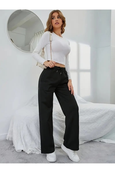 LOSSİA Γυναικείο μαύρο φαρδύ παντελόνι φόρμας μεγάλου μεγέθους, υψηλής ποιότη...