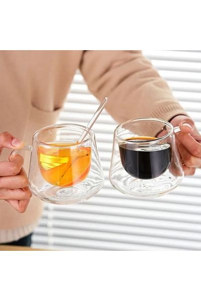MİS KİTCHEN 2 Pieces Double Glazed Mug Cup 250 ml Coffee and Tea Cup Thermal Insulated Glass Cup