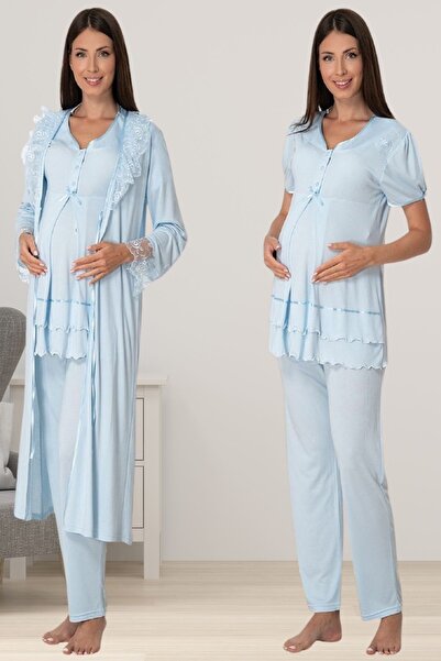 ByLohusa Комплект пижама за бременни Effortt Maternity със син халат