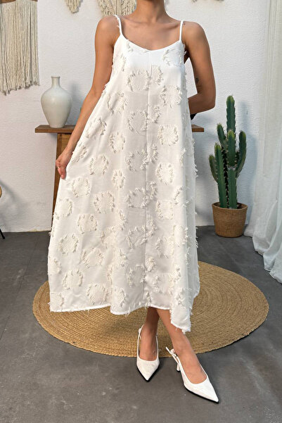 VAGGON Γυναικείο λευκό φόρεμα με λεπτές τιράντες με υφή σε γραμμή Α Vs00743