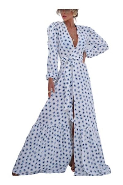 Mixbo Long beach robe with elegant belt, Blue Eyes print, white/blue, universal size