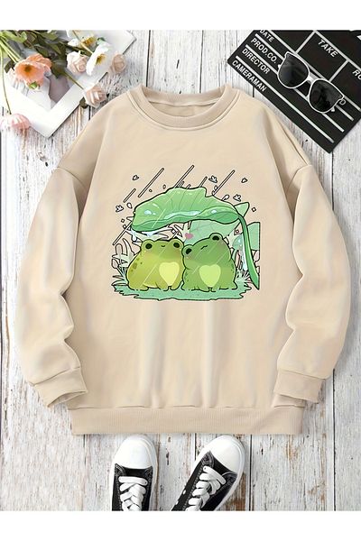 uyguntarz Unisex Cute Frogs Printed Oversize Sweatshirt