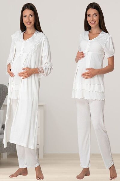 ByLohusa Effortt Ecru Maternity Pajama Set with Dressing Gown
