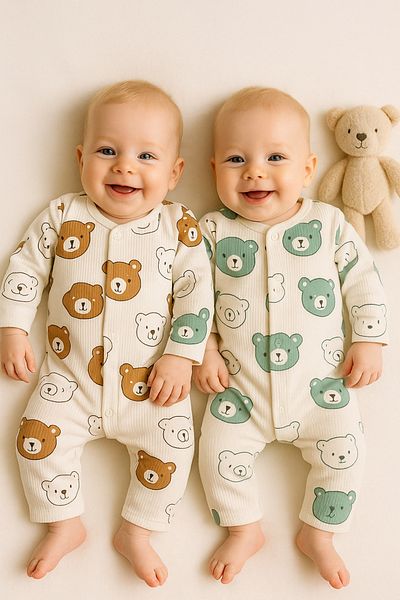 İZYALİF BABY Baby Boy Teddy Bear Patterned 2-Piece Jumpsuit Set Newborn Outfit Cotton