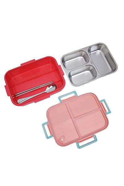 DNS Stainless steel casserole for children, 3 compartments and cutlery, 750ml with pink lid LX-2564