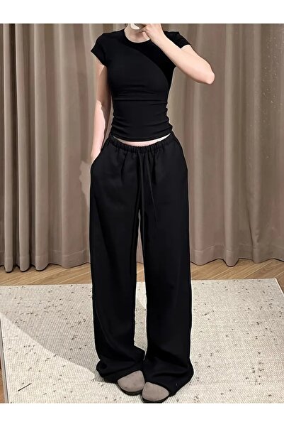 LOSSİA Γυναικείο μαύρο φαρδύ παντελόνι φόρμας μεγάλου μεγέθους, υψηλής ποιότη...