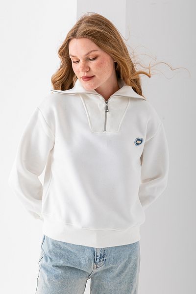 GİYSA Women's Half Zipper Stone Heart Embroidered 3 Thread Sweatshirt White - 2665