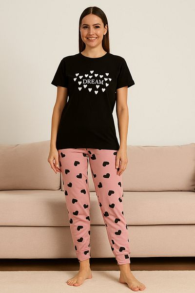 FAMESTEKSTİL Women's Black "Dream" Written Pajama Set - Heart Bottom