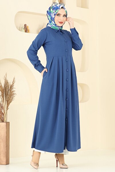 ModaMerve Önden Düğmeli Elbise Ferace 23008UKB139-MS İndigo