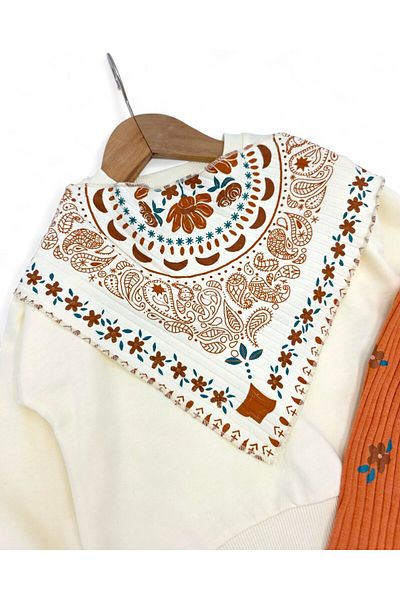 voyyo kids baby Girl's Ethnic Pattern Scarf, Wide Leg Pants 3 Piece Stylish Seasonal Bottom Top Set
