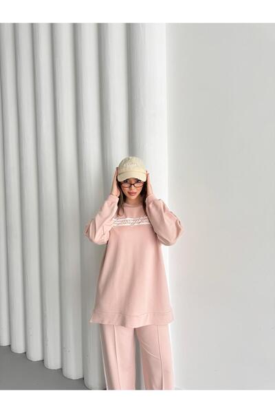 Basicpark Pink Women's Crew Neck Embroidered Stripe Detailed Cotton Knitted Bottom Top Set