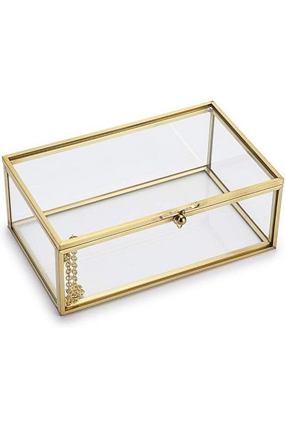 Lamsit Ibdaa Glass Keepsake Box, Rectangle, Gold, Small (15x10x7 cm)